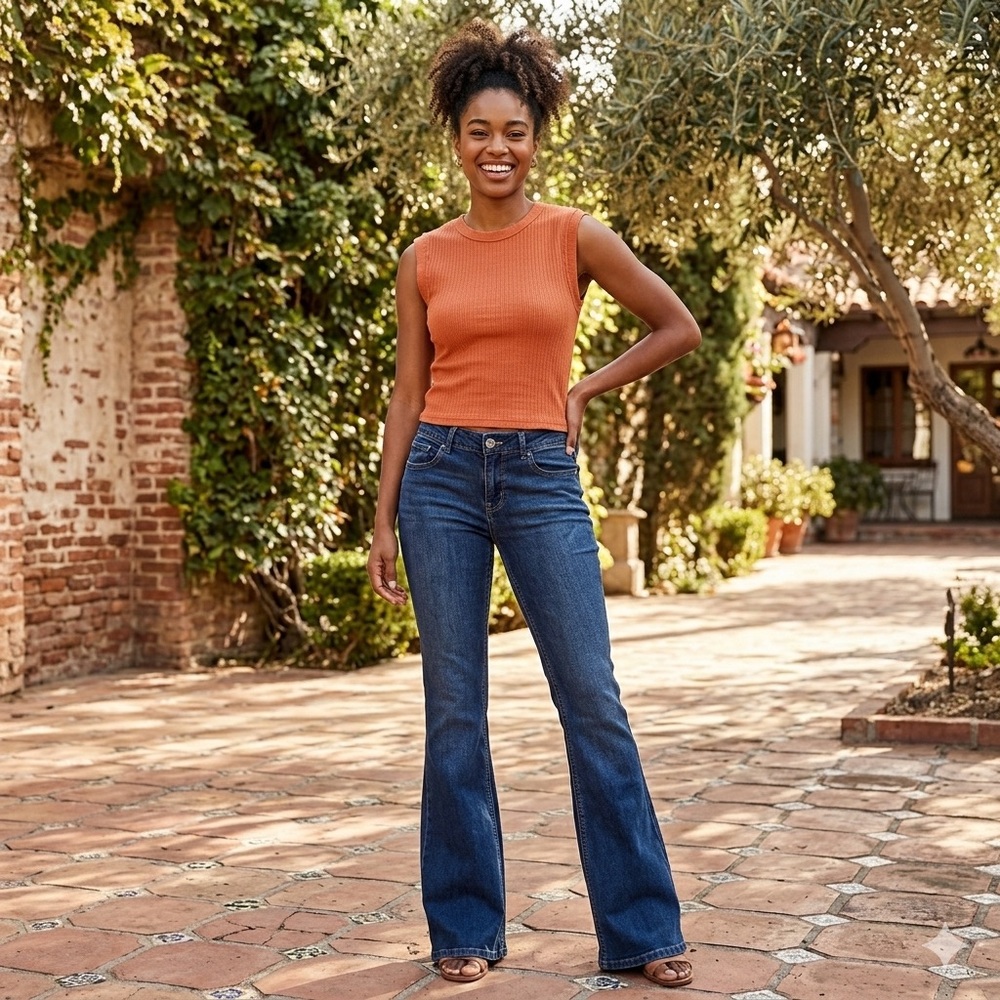 SO Retro Ribbed Tank Top And High Rise Flare Jeans Matching Set Size 13